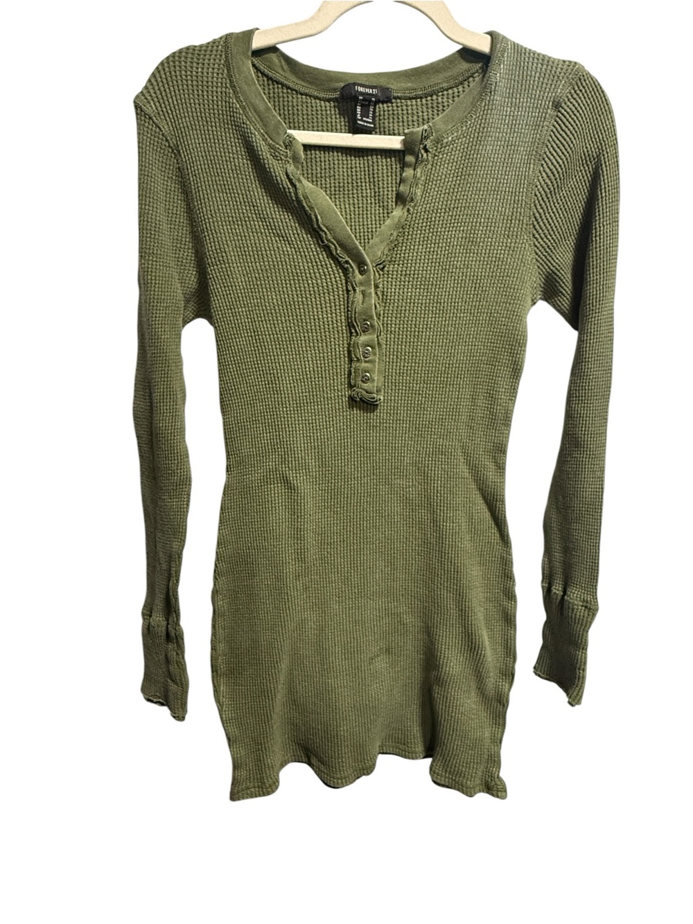 Forever 21 Waffle Henley Top Size XL Army Green Long Y2K Elena Gilbert